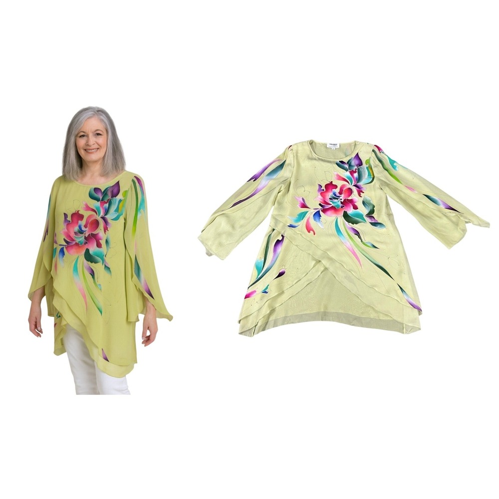 Yolanda Lorente Hand Painted Silk Caftan Top Blouse Tunic Size S ‎ Art to wear
